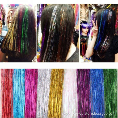 48inch 120cm Bling Rainbow Silk Hair Tinsel Extension Glitz colorful Synthetic Tinsel Hair Extensions